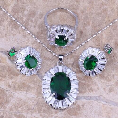 Green Cubic Zirconia White CZ Silver Plated Jewelry Sets Earrings Pendant Ring Size 6 / 7 / 8 / 9 / 10 S0054