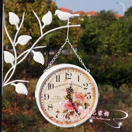 European-style pastoral mute wall clock bird stand branch living room wrought iron double-sided Korean round wall clock LB51216