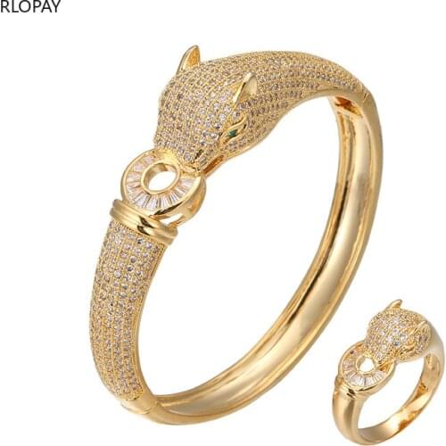 Delicate Leopard Ladies Hand Bangles with Full Cubic Zircon Copper Material Bracelet and Ring Sets for Ladies