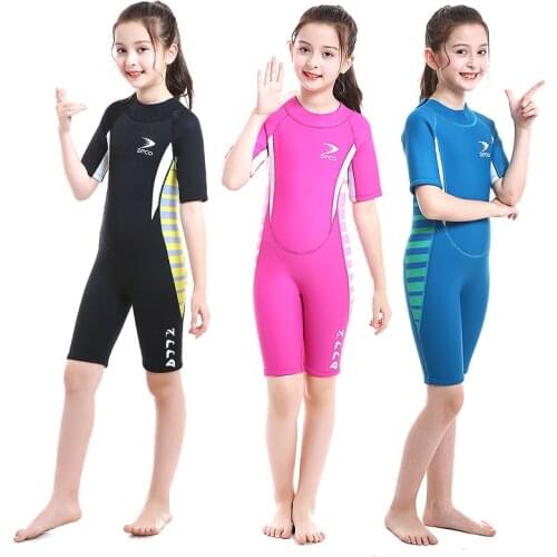 New One Piece 2.5MM Kids Girl Short Sleeve Diving Shorty Wetsuit Swim Surfing Suit Keep Warm UV Protection Swimwear