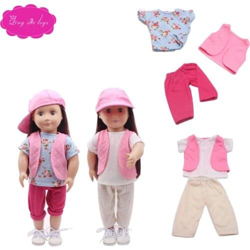 18 inch Girls doll clothes pink hat + vest jacket print T-shirt pants American born dress Baby toys fit 43 cm baby dolls c239