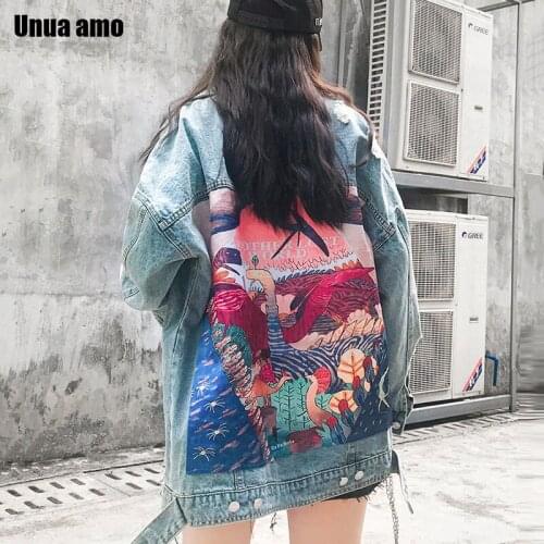Unua amo Patch Designs Cartoon Print Denim Jacket For Women Fashion Loose Wild Streetwear Ripped Hole Jean Jackets And Coats