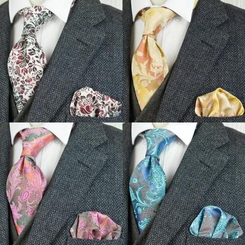 Sale Tie Sets Floral Yellow Blue Pink Red Mens Neckties Hanky 100% Silk Jacquard Woven Ties Pocket Square Free Shipping