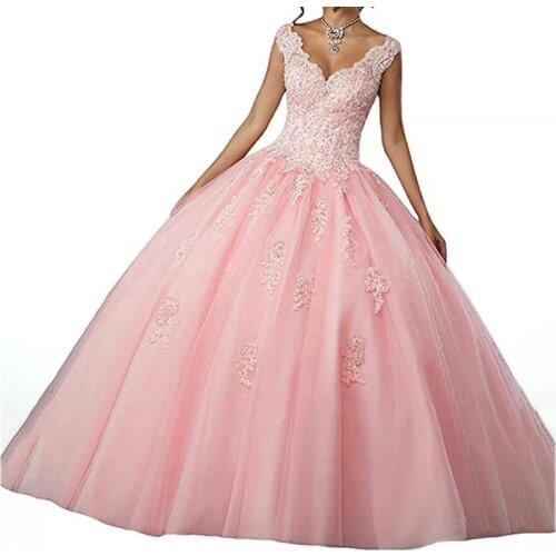 Pink Ball Gown Girls Sweet 16 Quinceanera Dresses Sexy Deep V Neck Princess Wedding Prom Gowns For Women vestidos de quinceañera