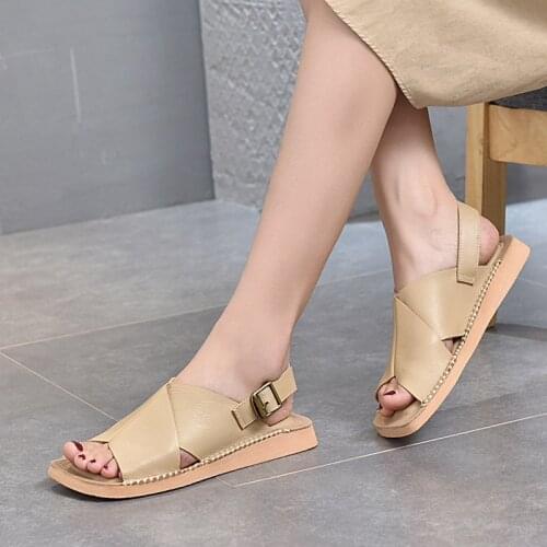Summer Flat Sandals Women Shoes Genuine Leather Sandalias De Mujer 2021 Buckle Strap Retro Handmade Casual Ladies Beach Shoes