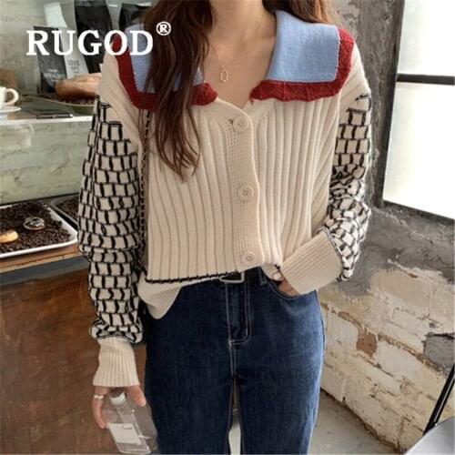 Women casual sweater autumn korean style sweet knitted carigans peter pan collar patchwork plaid sleeve buttoming tops 2020