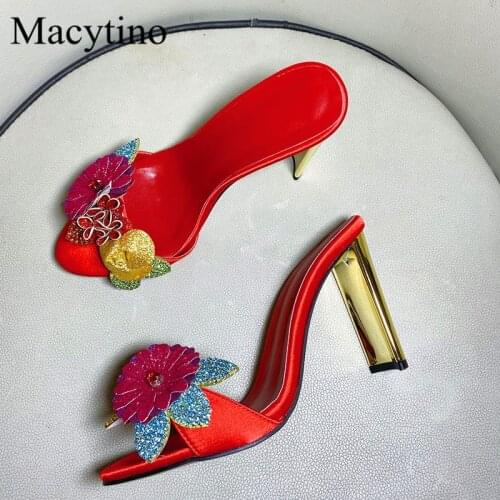 Metal heel decoration ladies high-heeled slippers round toe flower rhinestone sequined high-heeled slippers fashion party slipp