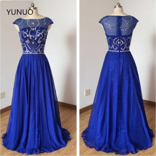 YUNUO Cap Sleeves Chiffon Long Prom Dresses Royal Blue A Line Crystals Beading vestidos de fiesta Evening Party Gowns Custom