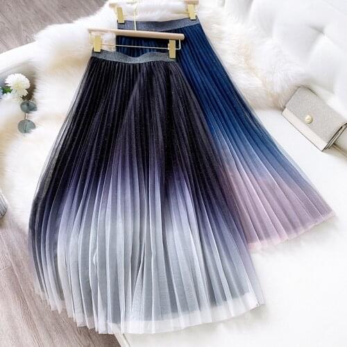 Wasteheart Spring Black Pink Women Skirt High Waist A-Line Long Skirt Ankle Skirts Sexy Skirt Casual Pleated Skirt Gradient Ramp