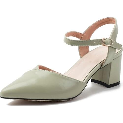 Summer Sandals for Girls Square High Heel Ankle Strap Rubber Sole 34-40 Big Size Sweet Green And White Women Sandals