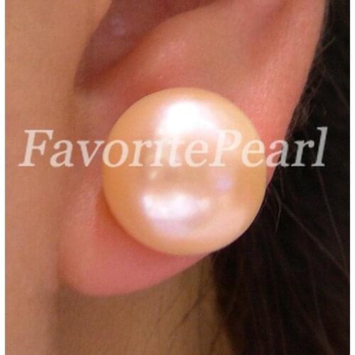 Favorite Pearl Earrings AAA 12.5-13mm Peach Color Natural Freshwater Pearl Stud Earring Set Hot Sale Classic Jewelry Women Gift