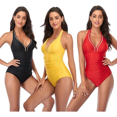 Women V Neck Monokini Sexy Hollow Out 1 Piece Swimsuits Lace Up Low Back Tummy Control Bathing Suits Ruched Padded Bikinis