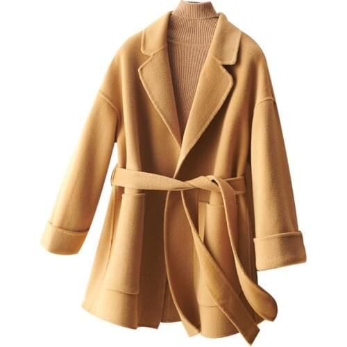Double sided cashmere coat womens middle length belt 2021 autumn winter new 100% pure wool loose wool coat