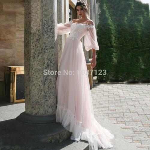 Pink Beach A Line Wedding Dresses Off the Shoulder White Lace Appliques Puff Sleeves Bridal Wedding Gown 2020 Vestido De Noiva