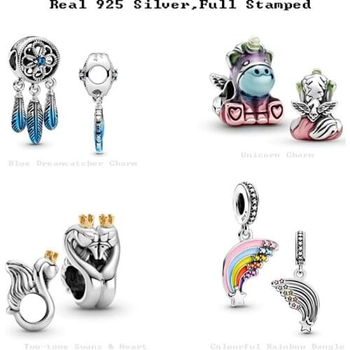 100% Real Silver 925 Charms Dreamcatcher Beads Unicorn Rainbow Dangles Fits Original Bracelets Necklaces Bangles Women DIY Gifts
