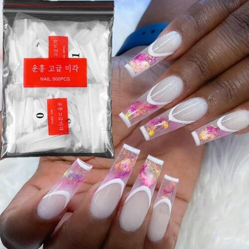 500pcs Clear Natural Fake Nails Set French Flat Shape False Nail Half Cover Acrylic Nail Art Tips Extesnion Manicure Accessories