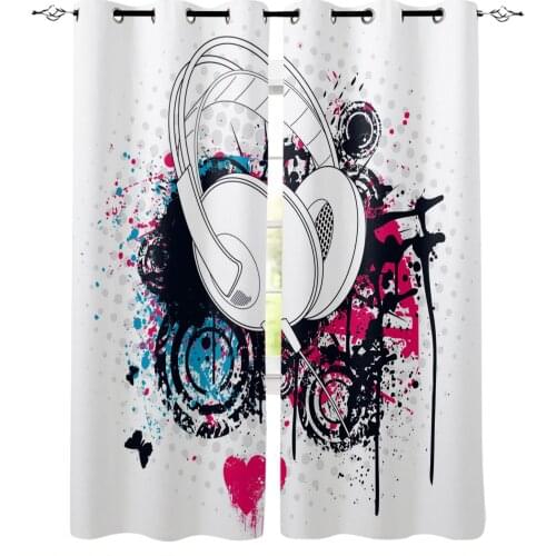 White Headphones Music Art Print Curtains for Living Room Drapes Cortinas for Kids Boy Girl Bedroom Window Treatments