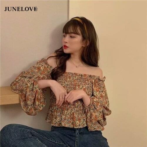 JuneLove Vintage Puff Long Slevee Floral Blouse French Women Square Collar Korean Tops 2021 New Spring Flower Shirt Women Casual