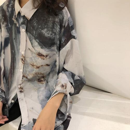 Retro Print Blouse Autumn Turn Down Collar Long Sleeve Shirts Loose Casual Single Breasted Street Female Vintage Tops