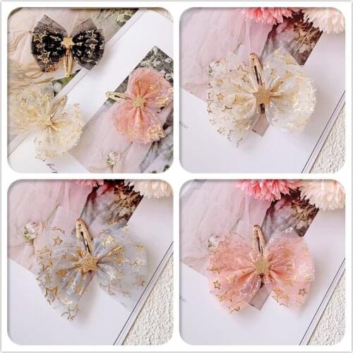Boutique 20pcs Fashion Glitter Gold Star Mesh Bow Hairpins Barrettes Tulle Bowknot Snap Clips Princess Headwear Hair Accessories