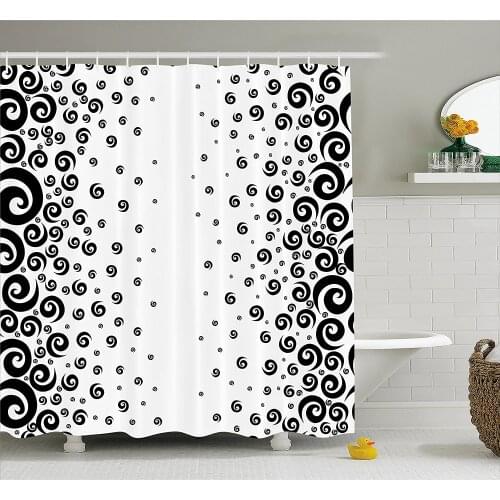 Black and White Shower Curtain Abstract Art Style Graphic Ornamental Twirled Circular Pattern Bathroom Waterproof Curtains