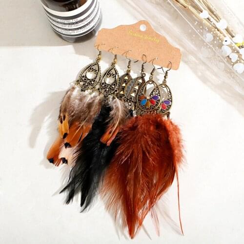 Retro Ethnic Bohemian Style Long Earrings Copper Color Water Drop Alloy Pendant Color Feather Tassel Earrings 2020 Jewelry Gifts