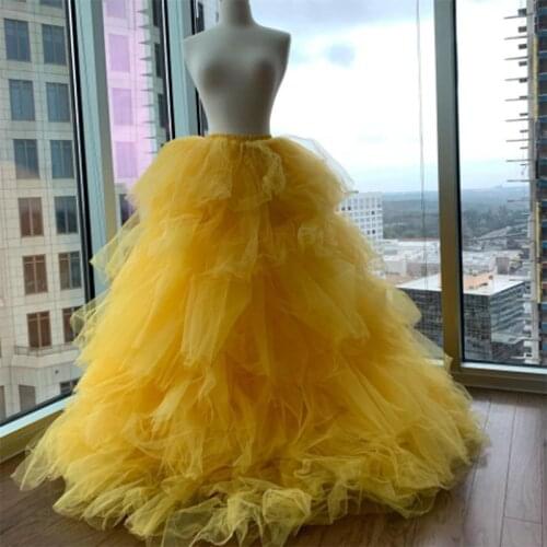 Pretty Yellow Puffy Tulle Ball Gowns Fashion Ruffle Tiered Tulle Floor Length Party Skirts Elastic Waistline Formal Maxi Skirts