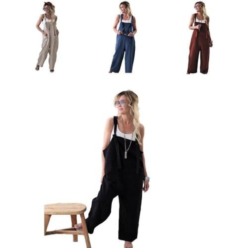 2019 Spring And Summer Casual Cotton And Linen Fabric Retro Old Style Bib With Multi-colored Loose Jumpsuit Hot Sale