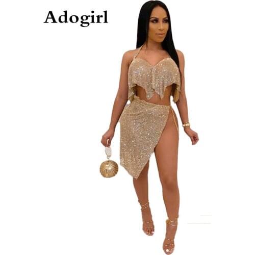 Bright Silk Chain Two Piece Set Women Tassel Halter Top +High Split Skirt 2 Piece Matching Sets Sexy Birthday Club Outfits