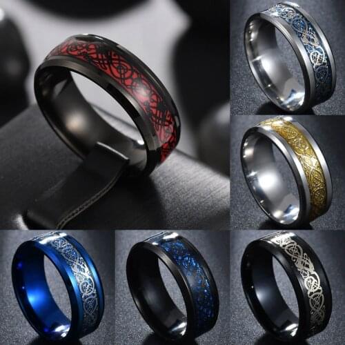 New Fashion 7 Colors in Dragon Mens Rings Black Red And Carbon Fiber Steel Party Ring For Comfort Fit Wedding Band Accessories