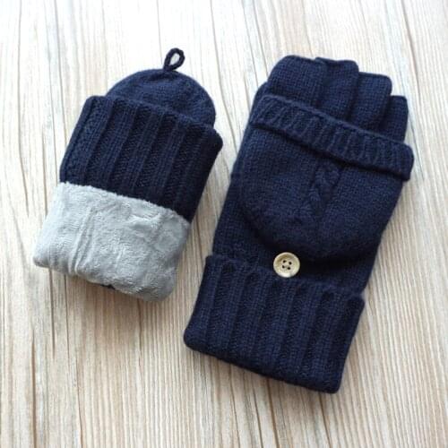 Men Fingerless Gloves Winter Knitted Wool Mittens Plus Velvet Thickening Warm Mitten Male Flip Half Finger Driving Gloves