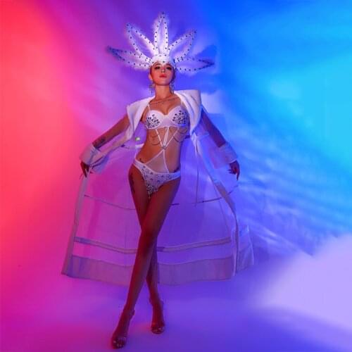 Nightclub Music Festival Clothing Party Gogo Show DS Dance Costume One-Piece Bikini White Bodysuit Performance Stage Wear BL4905