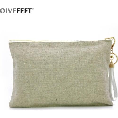 OIVEFEET,LGC209, Vintage Nature Plain Linen Handbag PU Chain Tassel Women Linen Clutch Makeup Gold Zipper Pouch