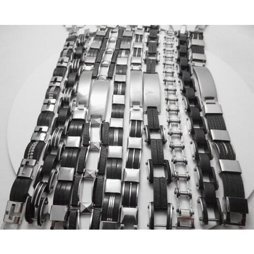 Wholesale NEW 20 pcs Mens Stainless Steel Rubber Bracelet Chains Fashion Jewelry Mens Bracelets Free Shipping