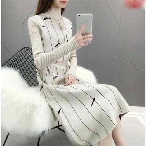 Latest Autumn Winter Korean Elegant Temperament Stripe Knitting Sweater Dress