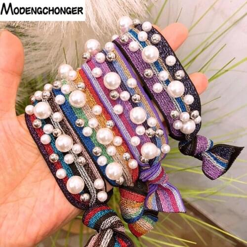 New Fashion Color Elastic Hair Bands Wide Beaded Hair Ring Pearl Wild For Girls Scrunchies Rope Gum Headdress Hair Accessories