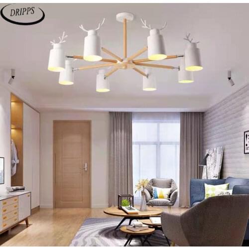 Modern living room LED ceiling chandelier wooden metal lampshade kitchen chandelier restaurant warm antler lighting