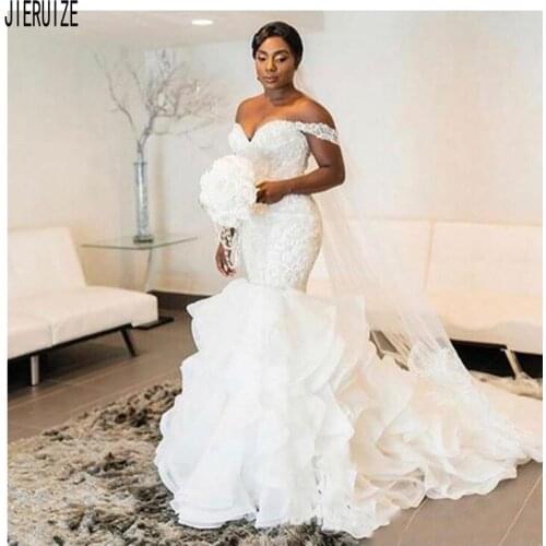 JIERUIZE African Mermaid Wedding Dresses Sweetheart Off Shoulder Appliques With Ruffles Bridal Wedding Gowns vestido de noiva