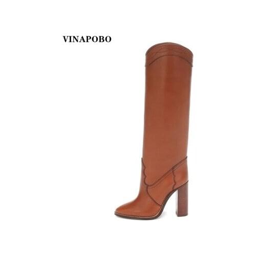 Vinapobo New Gneuine Leather High Quality Over The Knee HIgh Thigh HIgh Boots Metal Trimmed Thick Heel Club fashion Party Boots