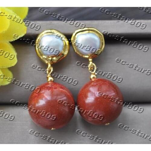 Z11354 18mm Red Coral Pearl Gold plated Dangle Earring Women Fasion Jewelry