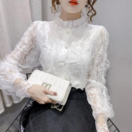Women Blouse Lace Long Sleeve Womens Clothing 2021 Spring Lantern Sleeve StCollar Cardigan Top Blusas Mujer De Moda