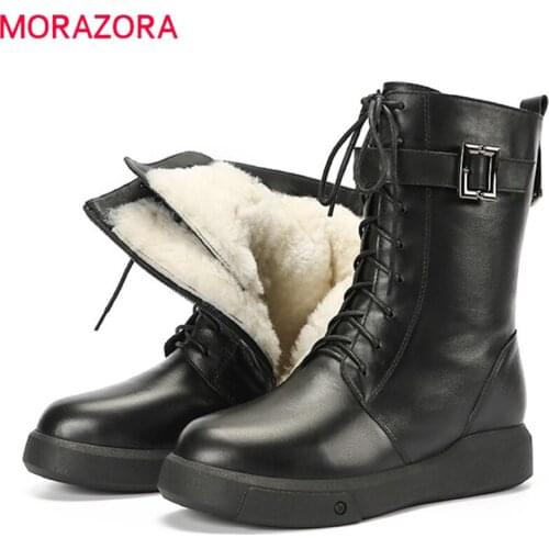 MORAZORA 2021 New 100% nature wool ankle boots Full genuine leather women boots comfortable flat heel lace up snow boots
