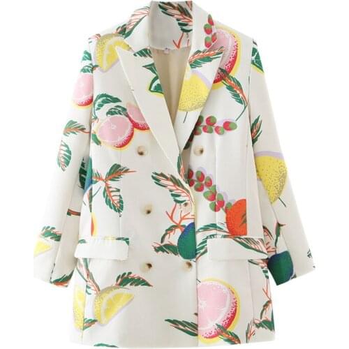 Womens suit autumn 2021 new fashion fresh fruit print double-breasted long-sleeved suit collar jacket