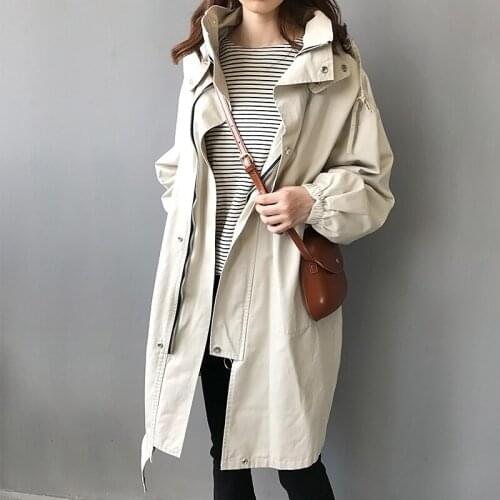 Women Trench Coat Solid Casual Korean Hooded Collar Loose Clothes Women Long Coat Womens hooded windbreakers Outwear Overcoat