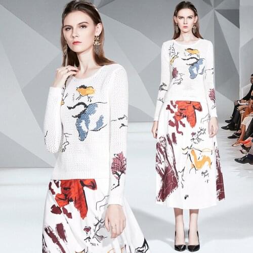 Two Piece Set For Women Office Lady Full Cotton Hollow Out Knitted Set Elastic Waist 2020 New Set Clothes And Skirt Autumn Set