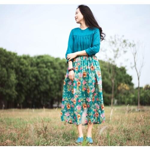 Women Spring Summer Linen Patchwork Dress Ladies Wrinkle Spliced Dress Female Print Floral Dresses 2021