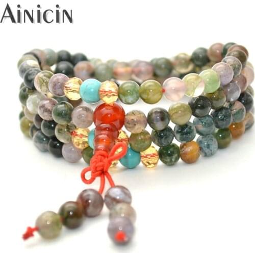 5pcs Natural India Agate 5.5mm Elastic Beaded Green Color 108 Beads Multi-layer Prayer Mala Bracelets Fashion Women Jewelry