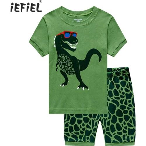 Kids Pajamas Summer Cotton Boys Sleepwear Pyjamas Set Short Sleeves Dinosaur Printed Tops Shorts Sets Children Casual Tracksuit