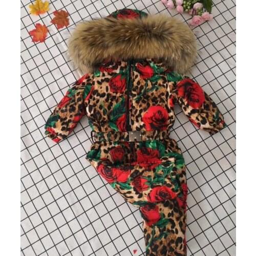 115cm -155cm jumpsuits 2021 Winter Jacket Children jumpsuit duck down Fur hooded girl snowsuit boy overall outerwear ski suit