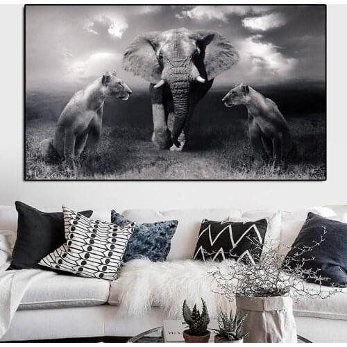 Wild Lions and Elephant Black And White Diy Diamond Painting Cross stitch kit Full Square/Round Stone Embroidery